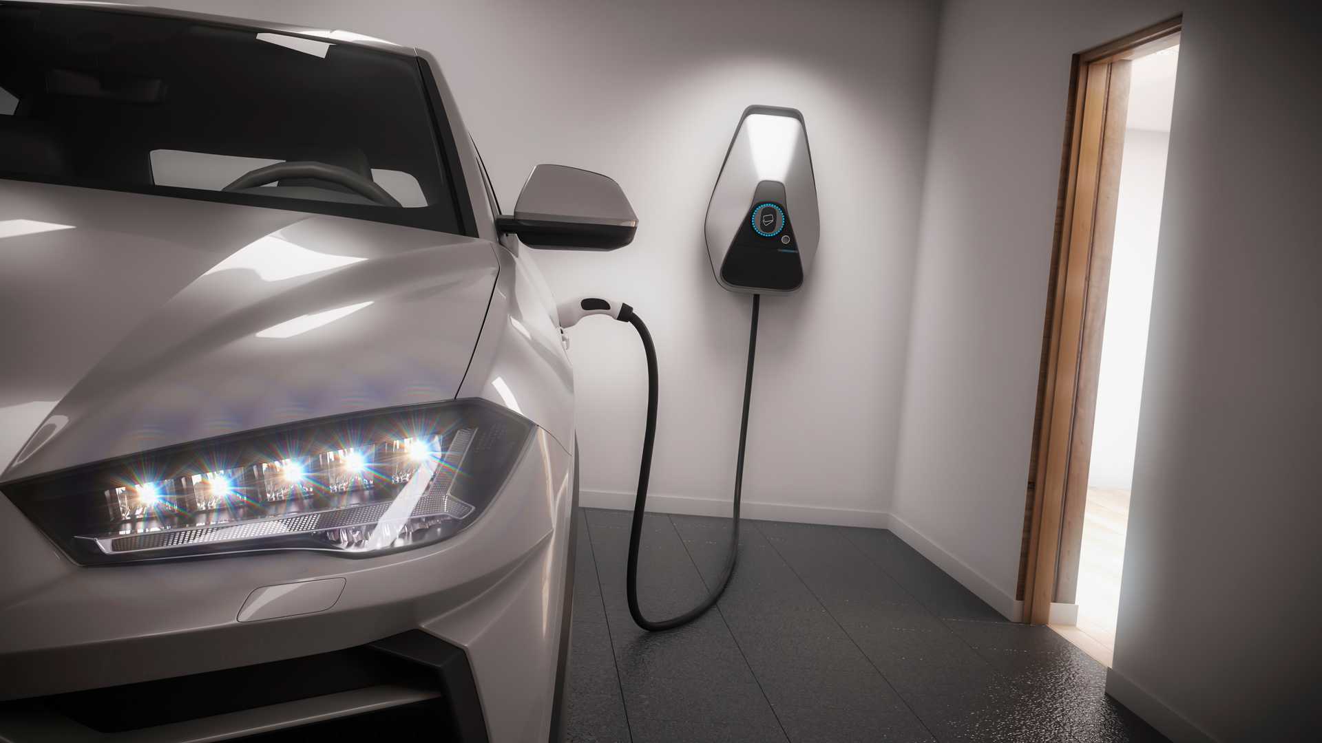 Charging electric car suv in garage illustration