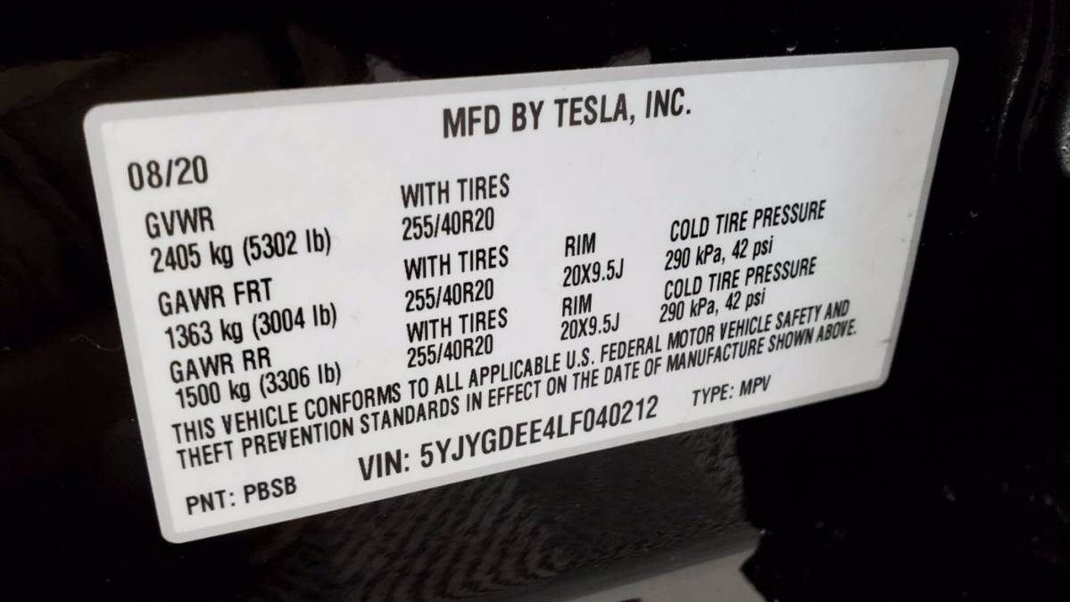 2020 Tesla Model Y 5YJYGDEE4LF040212