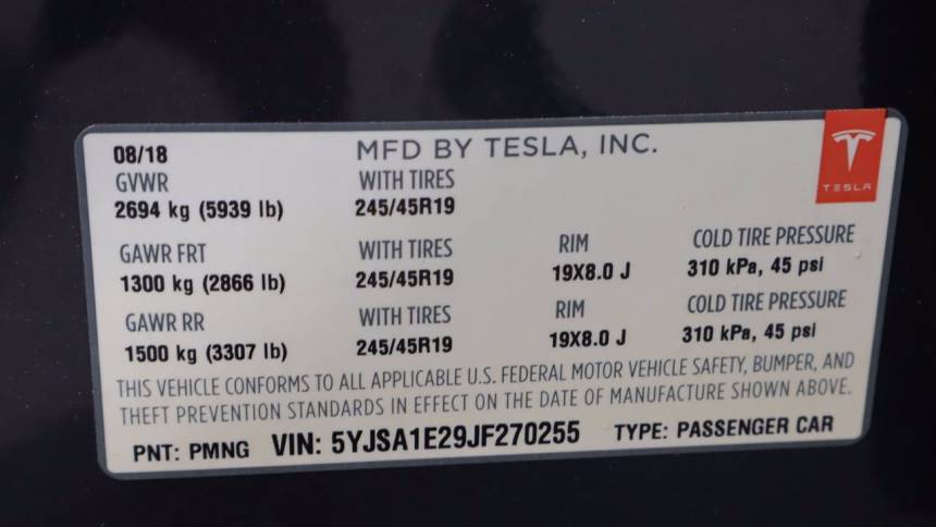 2018 Tesla Model S 5YJSA1E29JF270255