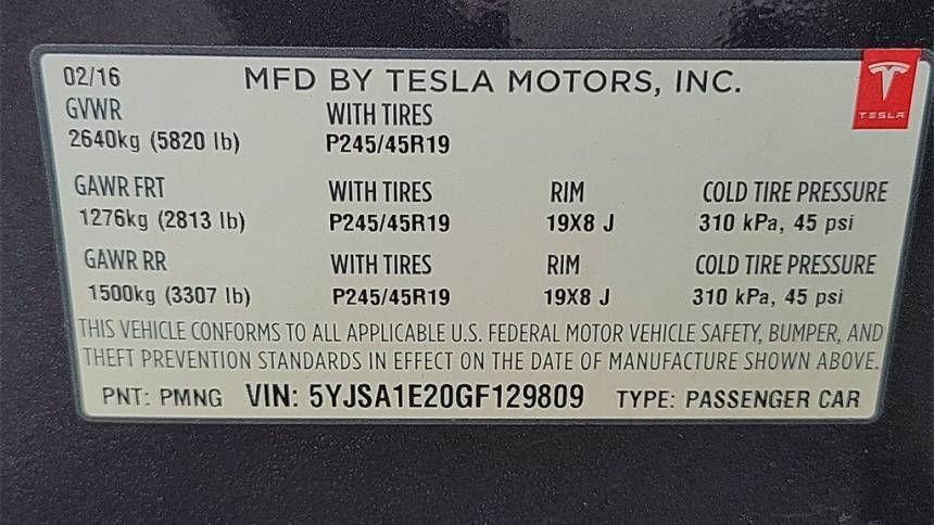 2016 Tesla Model S 5YJSA1E20GF129809
