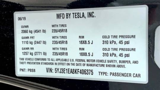 2019 Tesla Model 3 5YJ3E1EA8KF406375