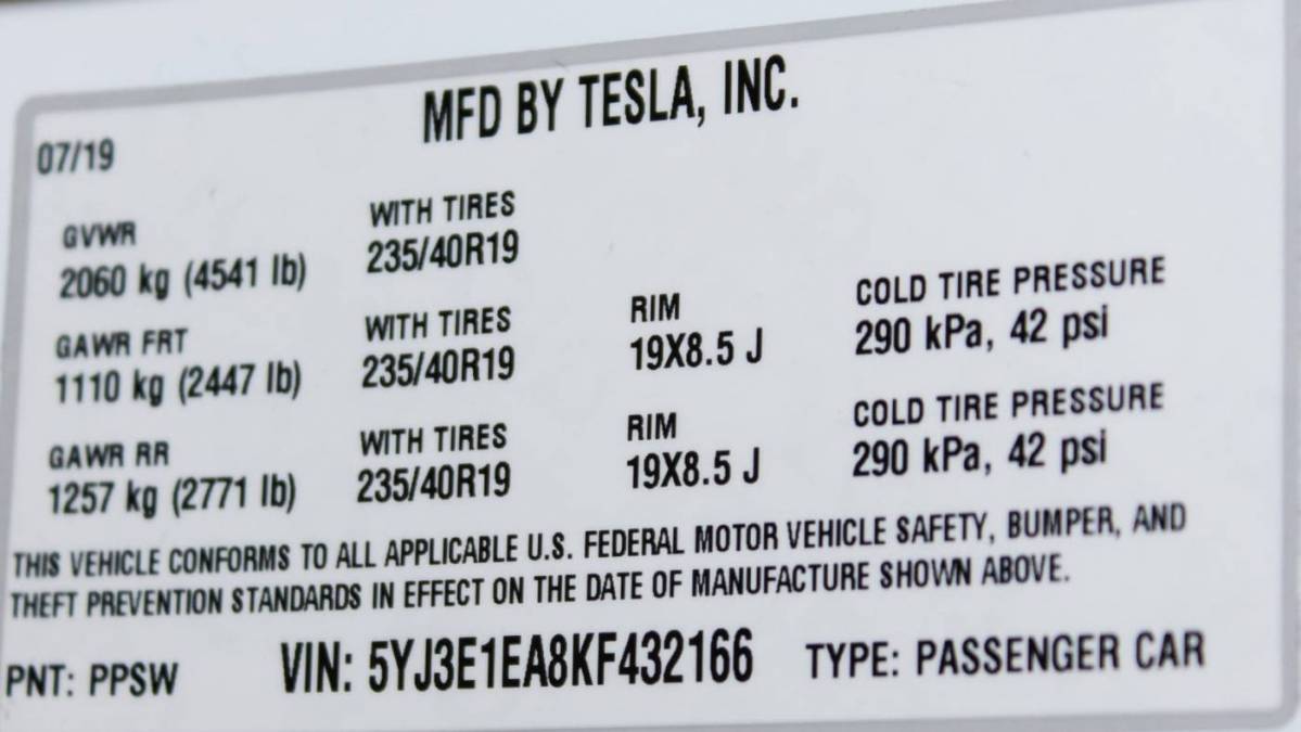 2019 Tesla Model 3 5YJ3E1EA8KF432166