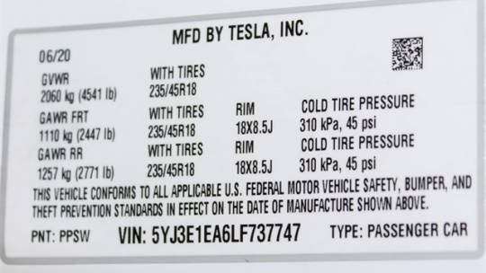2020 Tesla Model 3 5YJ3E1EA6LF737747
