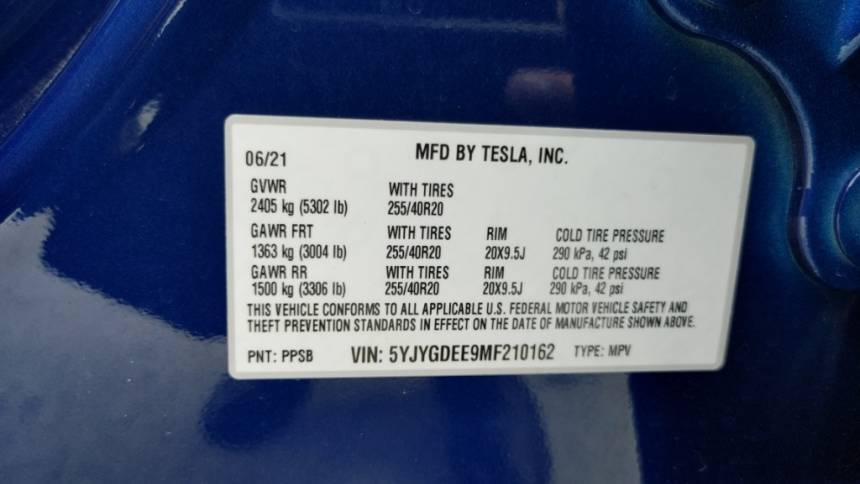 2021 Tesla Model Y 5YJYGDEE9MF210162