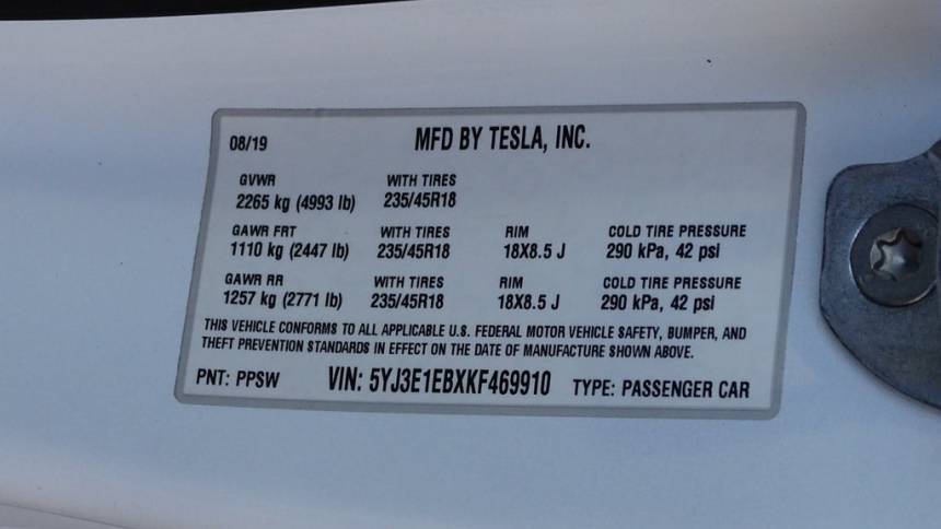 2019 Tesla Model 3 5YJ3E1EBXKF469910