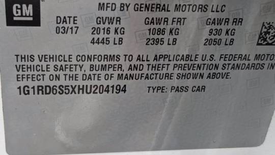 2017 Chevrolet VOLT 1G1RD6S5XHU204194