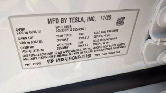 2021 Tesla Model S 5YJSA1E43MF425758