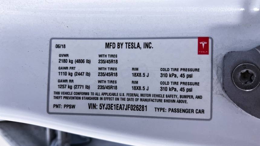 2018 Tesla Model 3 5YJ3E1EA7JF026281