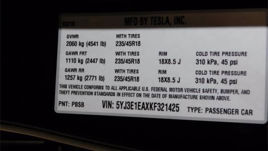 2019 Tesla Model 3 5YJ3E1EAXKF321425