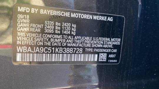 2019 BMW 5 Series WBAJA9C51KB388728