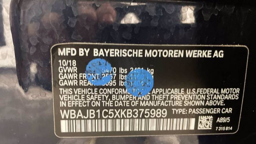 2019 BMW 5 Series WBAJB1C5XKB375989