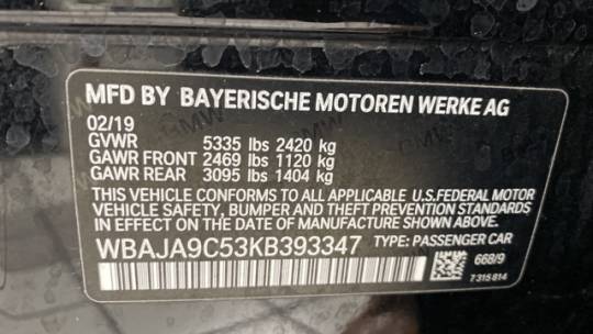2019 BMW 5 Series WBAJA9C53KB393347