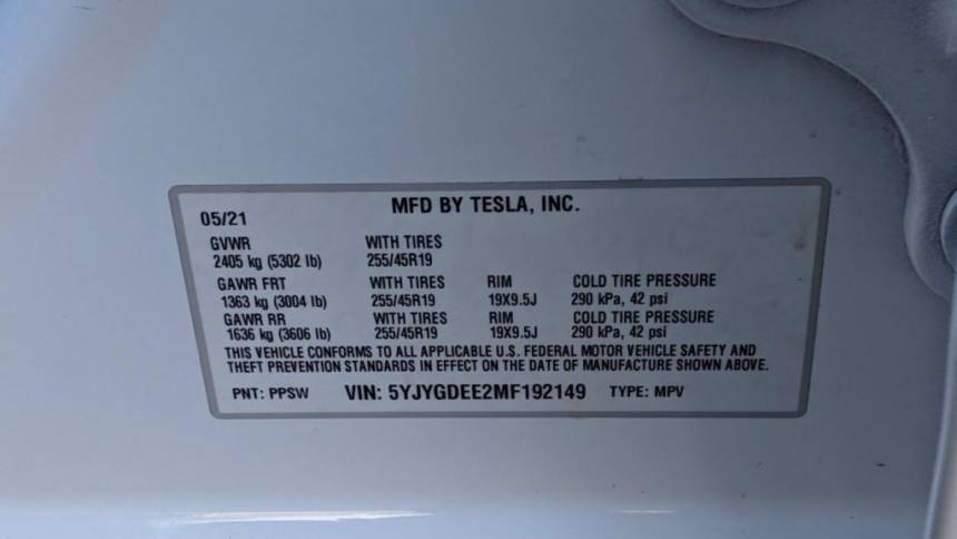 2021 Tesla Model Y 5YJYGDEE2MF192149