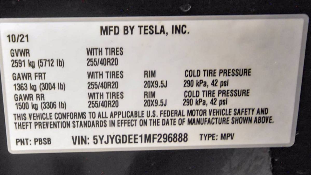 2021 Tesla Model Y 5YJYGDEE1MF296888