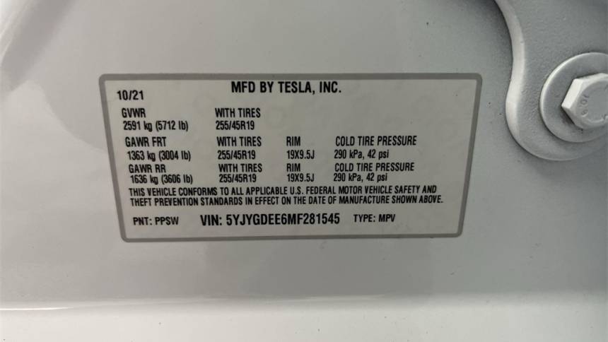 2021 Tesla Model Y 5YJYGDEE6MF281545