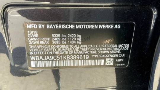 2019 BMW 5 Series WBAJA9C51KB389619