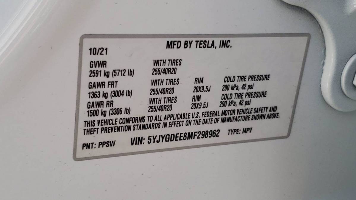 2021 Tesla Model Y 5YJYGDEE8MF298962
