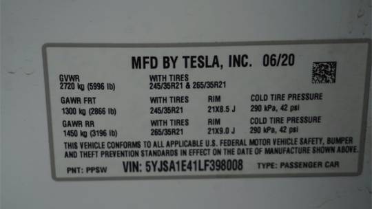 2020 Tesla Model S 5YJSA1E41LF398008