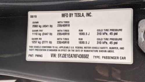 2019 Tesla Model 3 5YJ3E1EA7KF436502