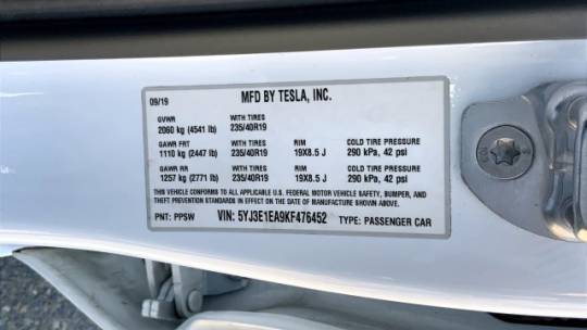 2019 Tesla Model 3 5YJ3E1EA9KF476452