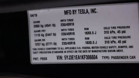 2019 Tesla Model 3 5YJ3E1EA1KF306604