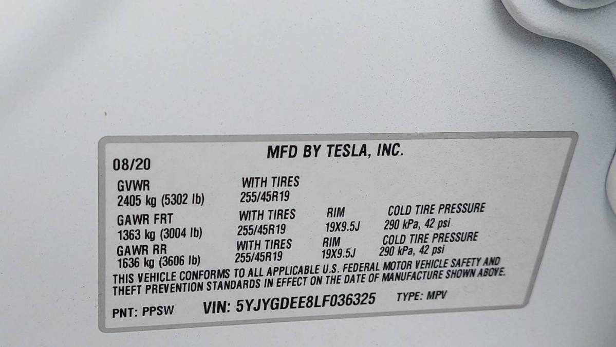 2020 Tesla Model Y 5YJYGDEE8LF036325