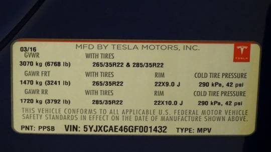 2016 Tesla Model X 5YJXCAE46GF001432