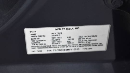 2021 Tesla Model Y 5YJYGDEE9MF110515