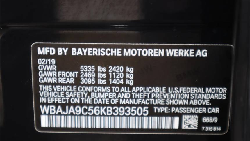 2019 BMW 5 Series WBAJA9C56KB393505