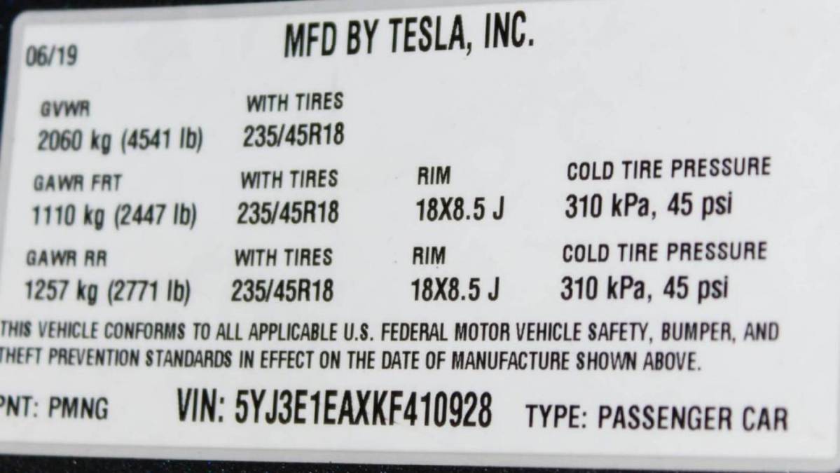 2019 Tesla Model 3 5YJ3E1EAXKF410928