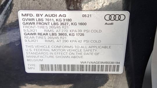 2021 Audi e-tron WA1VAAGE9MB038194