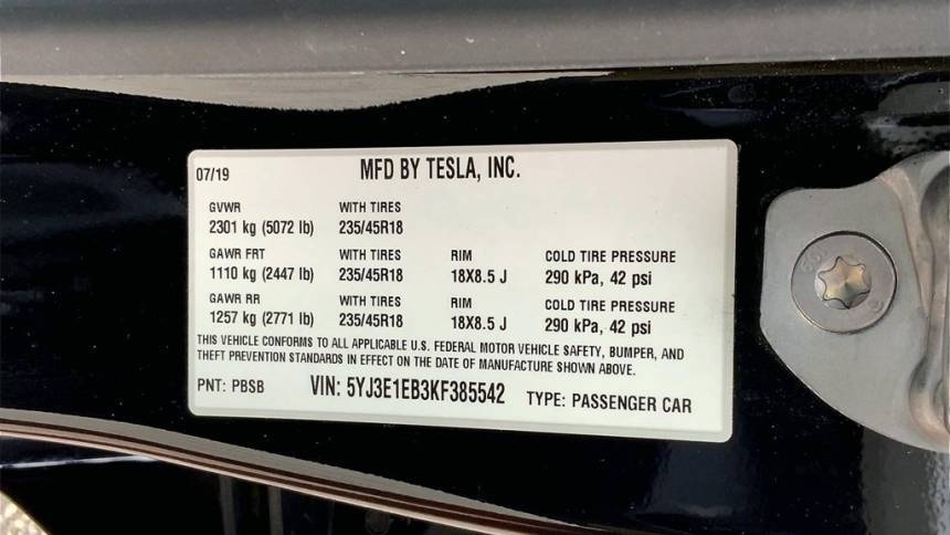 2019 Tesla Model 3 5YJ3E1EB3KF385542