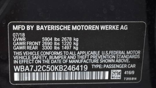 2019 BMW 7 Series WBA7J2C50KB246419