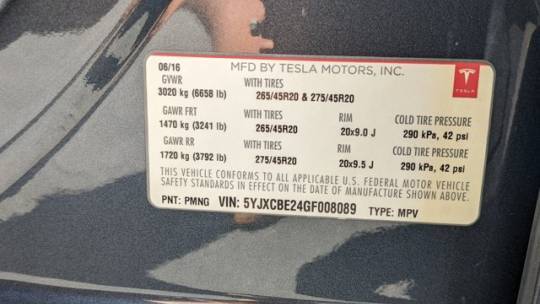 2016 Tesla Model X 5YJXCBE24GF008089