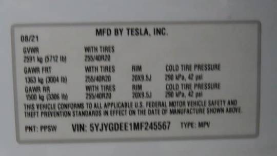 2021 Tesla Model Y 5YJYGDEE1MF245567