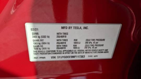 2021 Tesla Model Y 5YJYGDEE9MF117383
