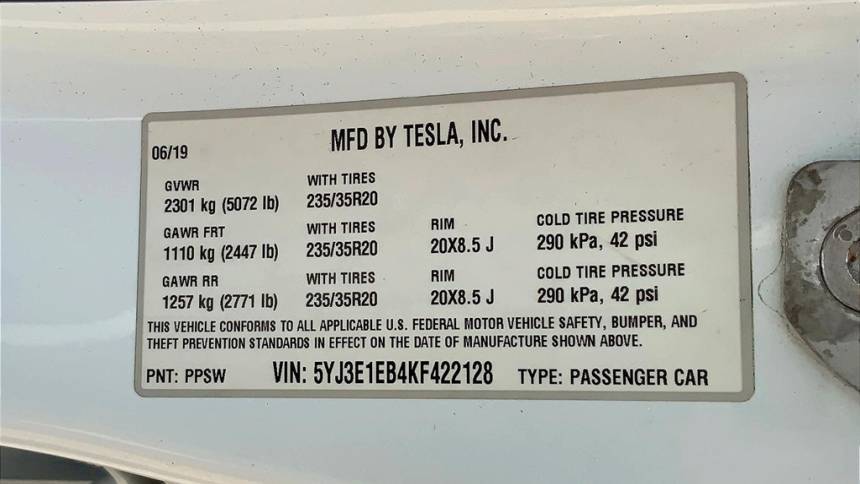 2019 Tesla Model 3 5YJ3E1EB4KF422128