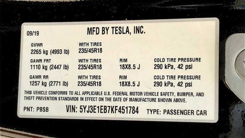 2019 Tesla Model 3 5YJ3E1EB7KF451784