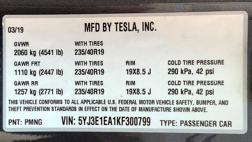 2019 Tesla Model 3 5YJ3E1EA1KF300799