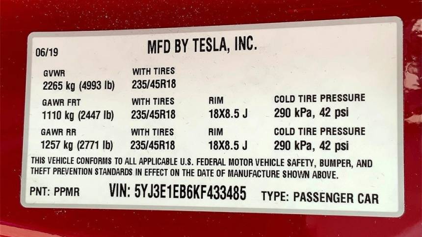 2019 Tesla Model 3 5YJ3E1EB6KF433485