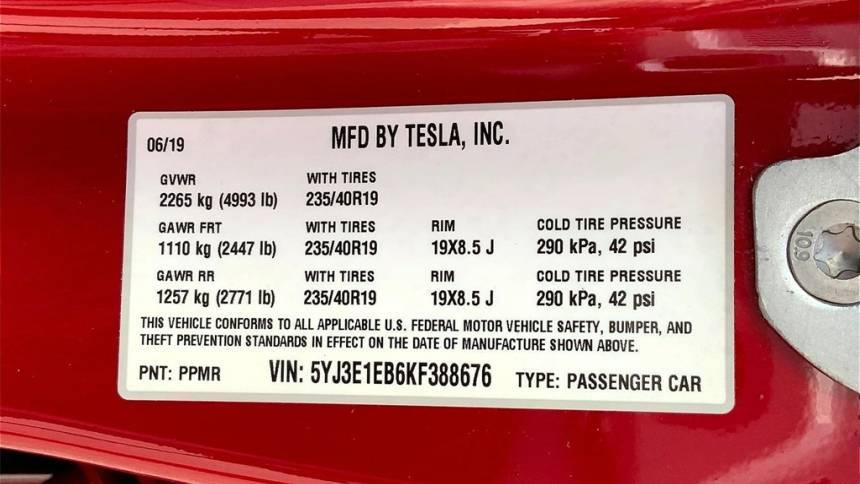 2019 Tesla Model 3 5YJ3E1EB6KF388676