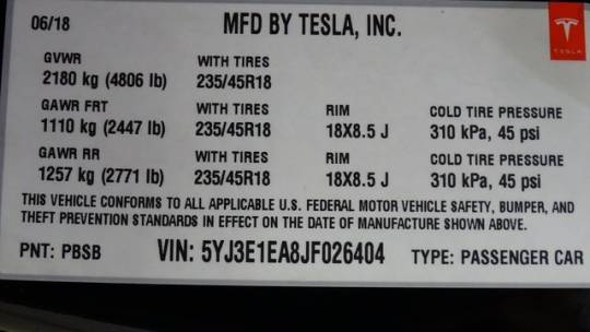 2018 Tesla Model 3 5YJ3E1EA8JF026404