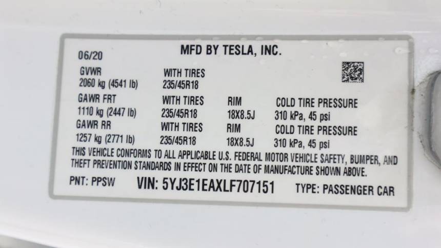 2020 Tesla Model 3 5YJ3E1EAXLF707151