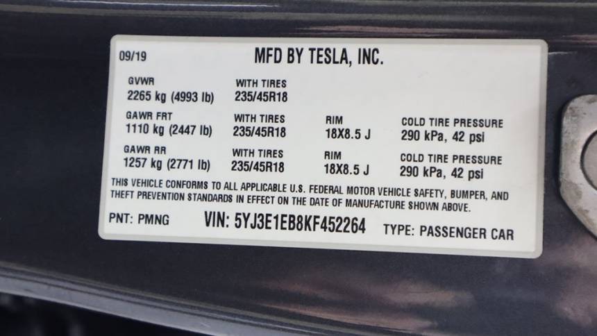 2019 Tesla Model 3 5YJ3E1EB8KF452264