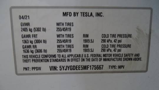 2021 Tesla Model Y 5YJYGDEE5MF175667