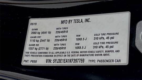 2019 Tesla Model 3 5YJ3E1EA1KF397759