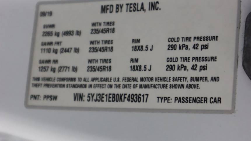 2019 Tesla Model 3 5YJ3E1EB0KF493617