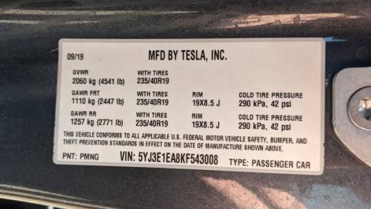 2019 Tesla Model 3 5YJ3E1EA8KF543008