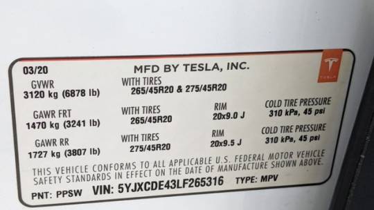 2020 Tesla Model X 5YJXCDE43LF265316