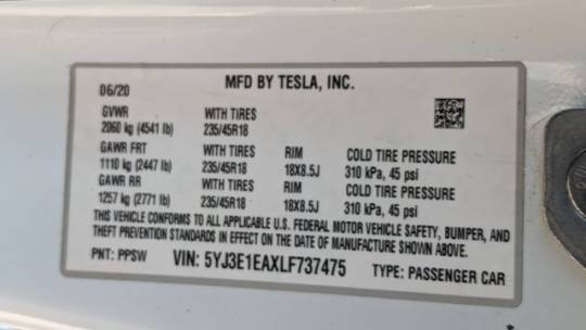 2020 Tesla Model 3 5YJ3E1EAXLF737475